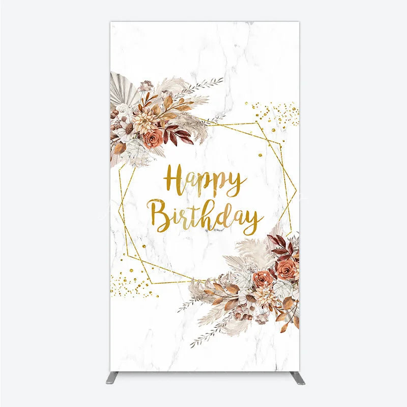 Lofaris Bohemian Happy Birthday Rectangleed Backdrop Pampas Grass and Dried Flowers Gold Geometric Frame for Elegant Decor