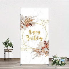 Lofaris Bohemian Happy Birthday Rectangleed Backdrop Pampas Grass and Dried Flowers Gold Geometric Frame for Elegant Decor