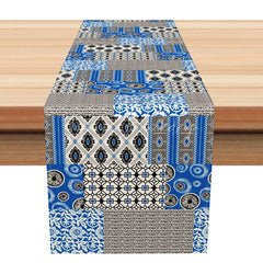 Lofaris Bohemian Patchwork Geometric Table Runner Blue Black and White Eclectic Kitchen Dining Decor