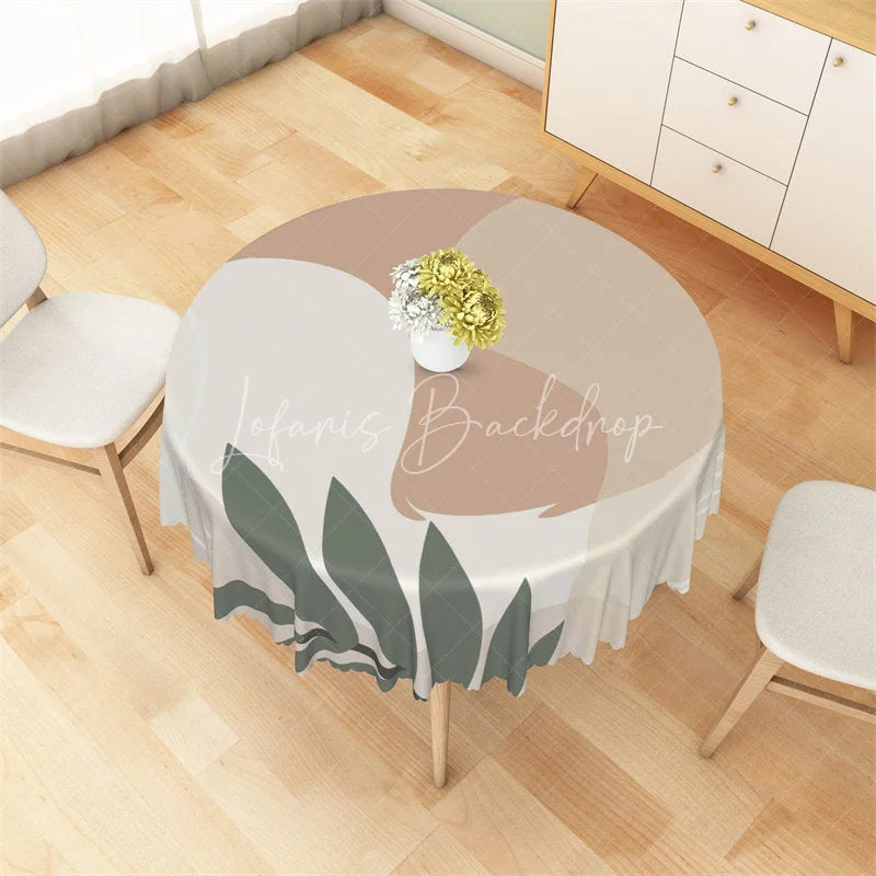 Lofaris Boho Abstract Leaf Round Tablecloth Neutral Beige Geometric Table Cover for Dining Room