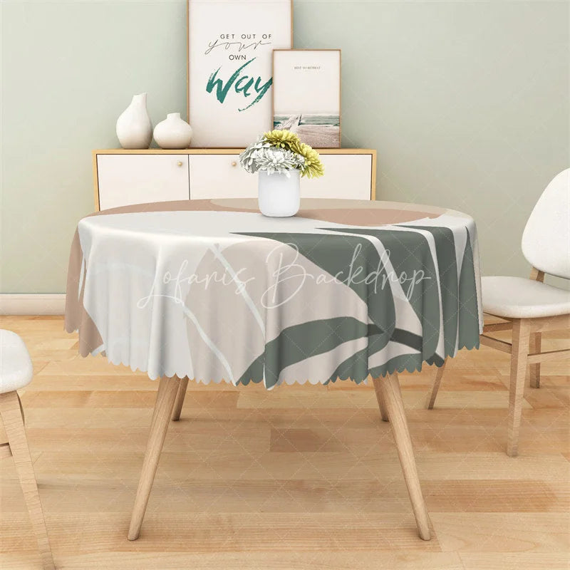 Lofaris Boho Abstract Leaf Round Tablecloth Neutral Beige Geometric Table Cover for Dining Room