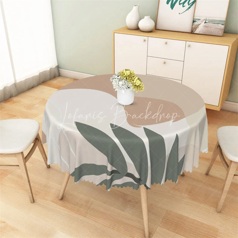 Lofaris Boho Abstract Leaf Round Tablecloth Neutral Beige Geometric Table Cover for Dining Room