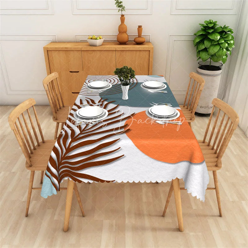 Lofaris Boho Abstract Tropical Leaf and Orange Circle Rectangle Tablecloth with Scalloped Edge Modern Dining Decor