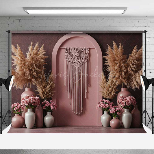 Lofaris Boho Arch Photography Backdrop Terracotta Wall with Macrame Hanging Pampas Grass and Pink Roses Studio Prop
