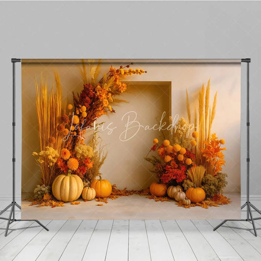 Lofaris Boho Autumn Floral Arch Photography Backdrop Pampas Grass and Pumpkins Modern Fall Wedding Photo Booth Decor