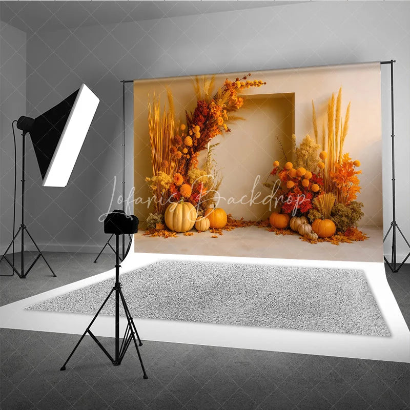 Lofaris Boho Autumn Floral Arch Photography Backdrop Pampas Grass and Pumpkins Modern Fall Wedding Photo Booth Decor