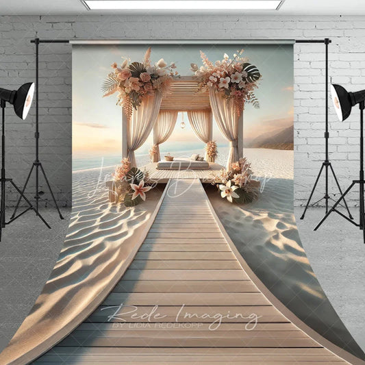 Lofaris Boho Beach Canopy Summer Photography Backdrop Floral Seaside Wooden Boardwalk Sweep Studio Background