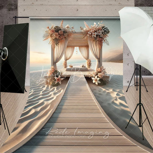 Lofaris Boho Beach Canopy Summer Photography Backdrop Floral Seaside Wooden Boardwalk Sweep Studio Background