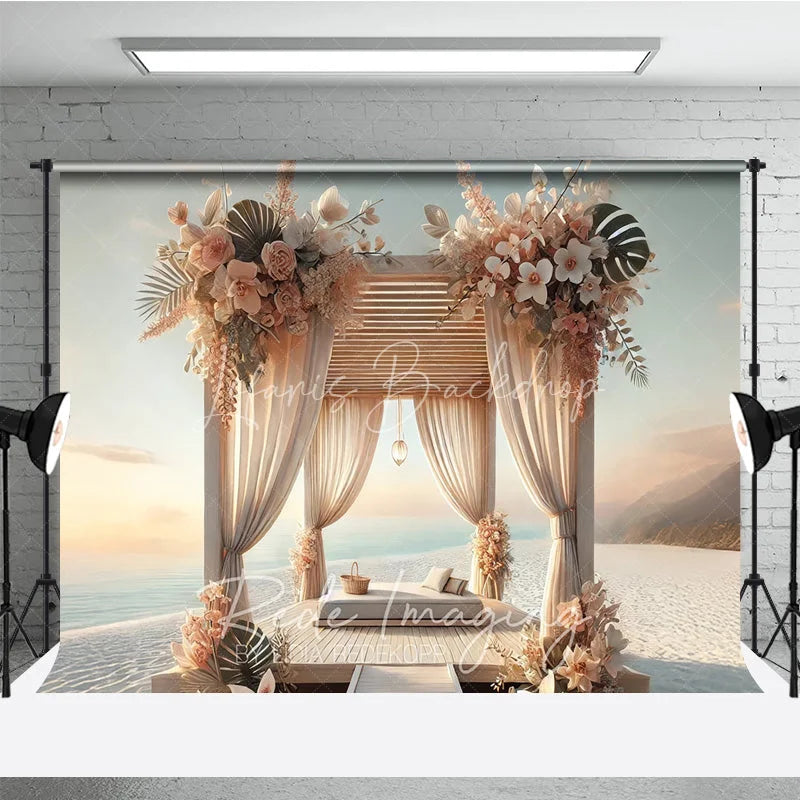 Lofaris Boho Beach Wooden Canopy Photography Backdrop White Drapes and Tropical Floral Seaside Background