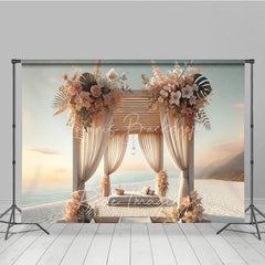 Lofaris Boho Beach Wooden Canopy Photography Backdrop White Drapes and Tropical Floral Seaside Background