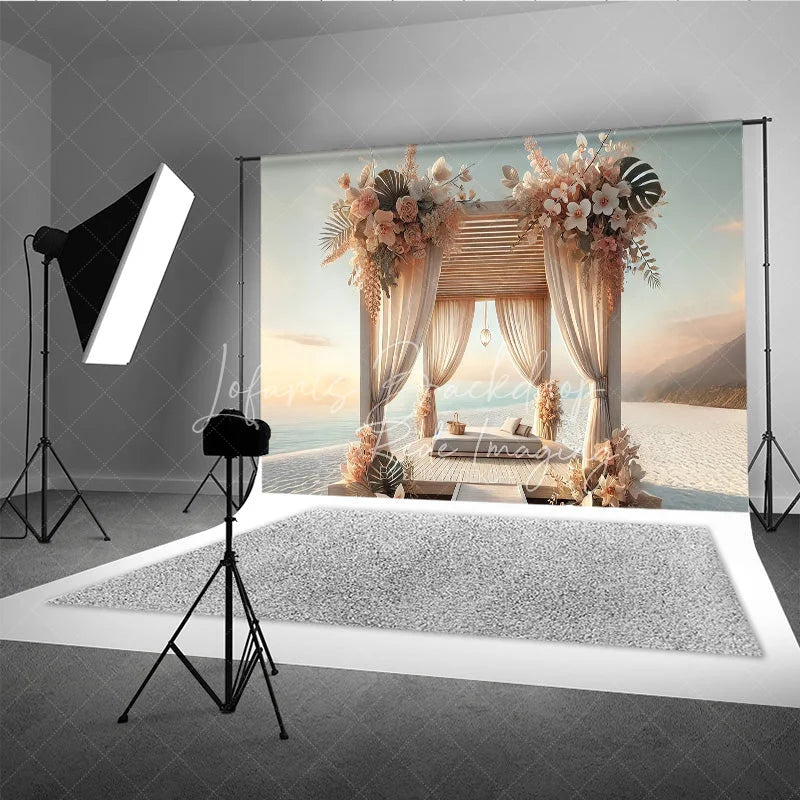 Lofaris Boho Beach Wooden Canopy Photography Backdrop White Drapes and Tropical Floral Seaside Background