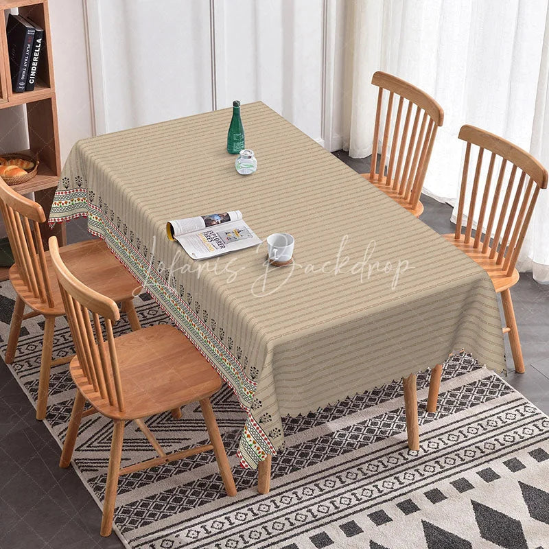 Lofaris Boho Beige Striped Rectangle Tablecloth Tribal Border Pattern Dining Cover Neutral Minimalist Kitchen Decor