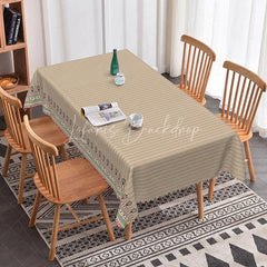 Lofaris Boho Beige Striped Rectangle Tablecloth Tribal Border Pattern Dining Cover Neutral Minimalist Kitchen Decor