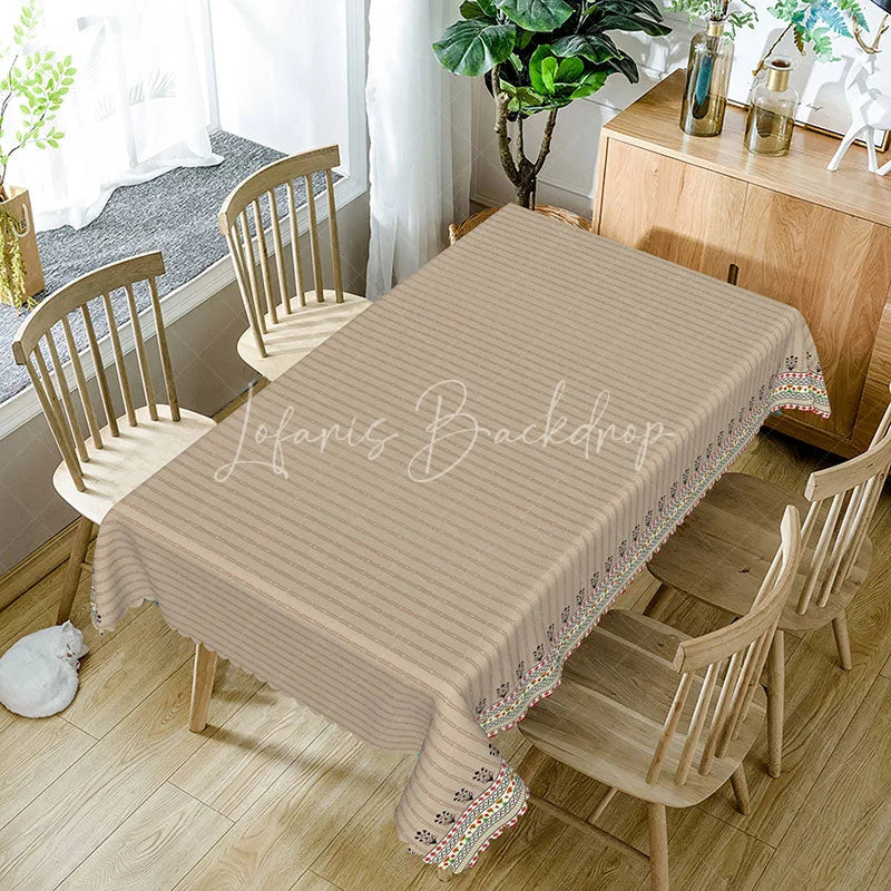 Lofaris Boho Beige Striped Rectangle Tablecloth Tribal Border Pattern Dining Cover Neutral Minimalist Kitchen Decor