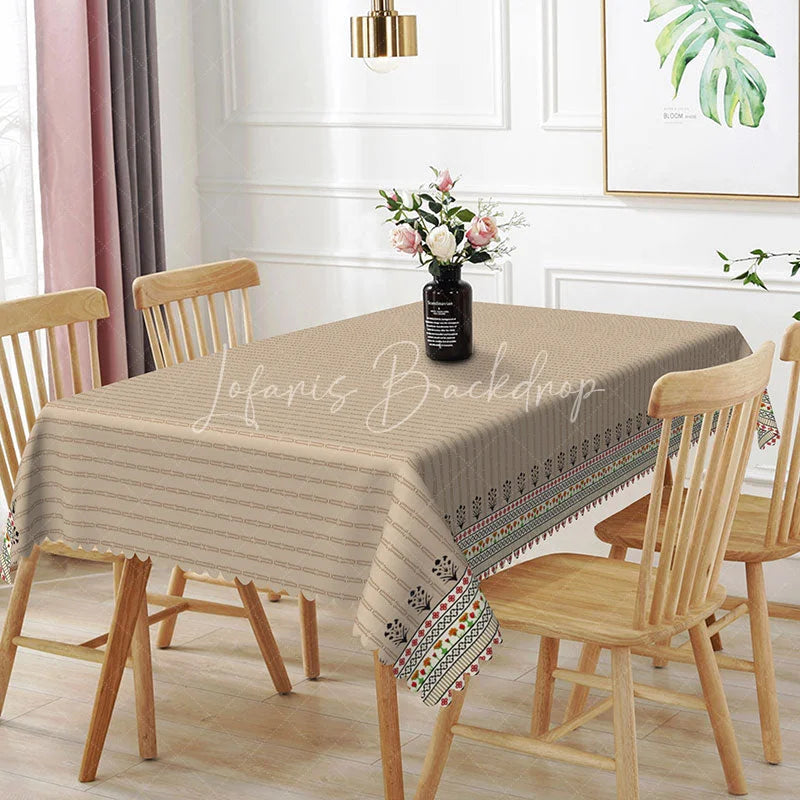 Lofaris Boho Beige Striped Rectangle Tablecloth Tribal Border Pattern Dining Cover Neutral Minimalist Kitchen Decor