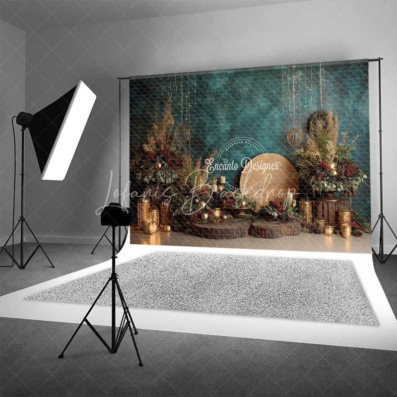 Lofaris Boho Blue Christmas Backdrop Rustic Gold Lantern Floral Photography Background