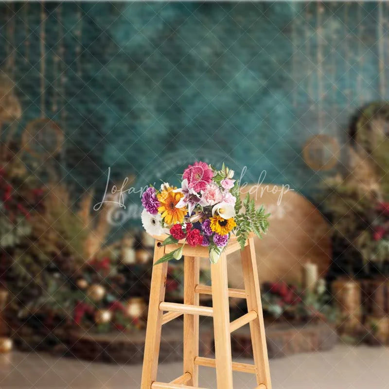 Lofaris Boho Blue Christmas Backdrop Rustic Gold Lantern Floral Photography Background