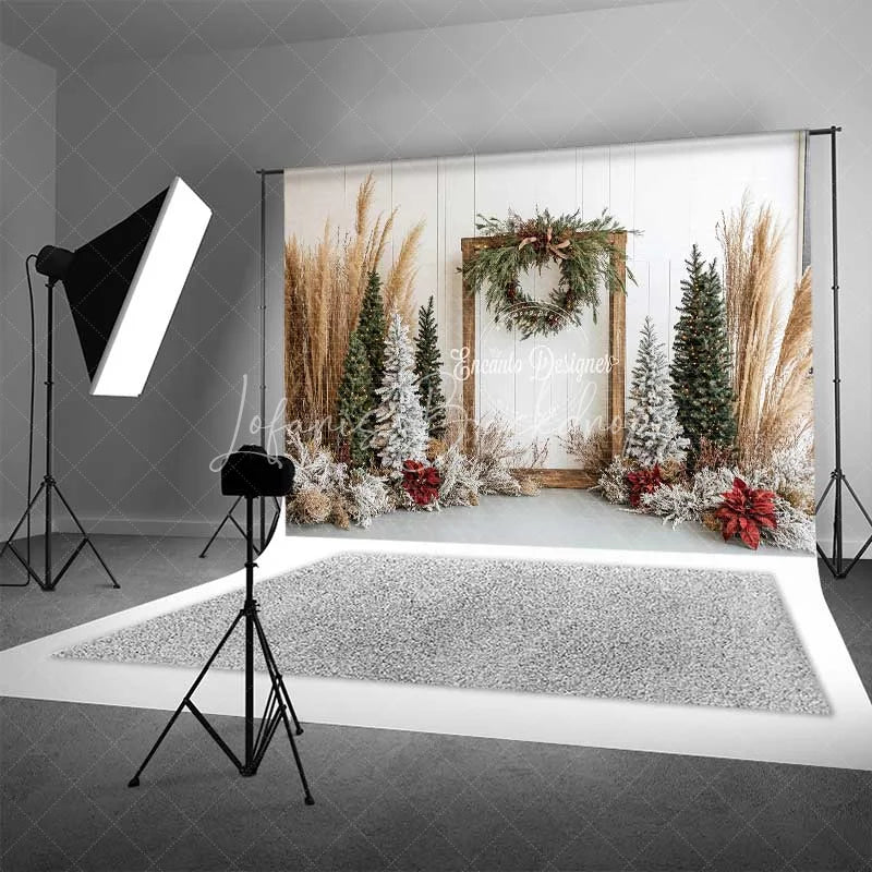 Lofaris Boho Christmas Backdrop Rustic Wood Frame Pampas Grass Winter Trees White Wall Photography Background