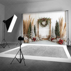 Lofaris Boho Christmas Backdrop Rustic Wood Frame Pampas Grass Winter Trees White Wall Photography Background