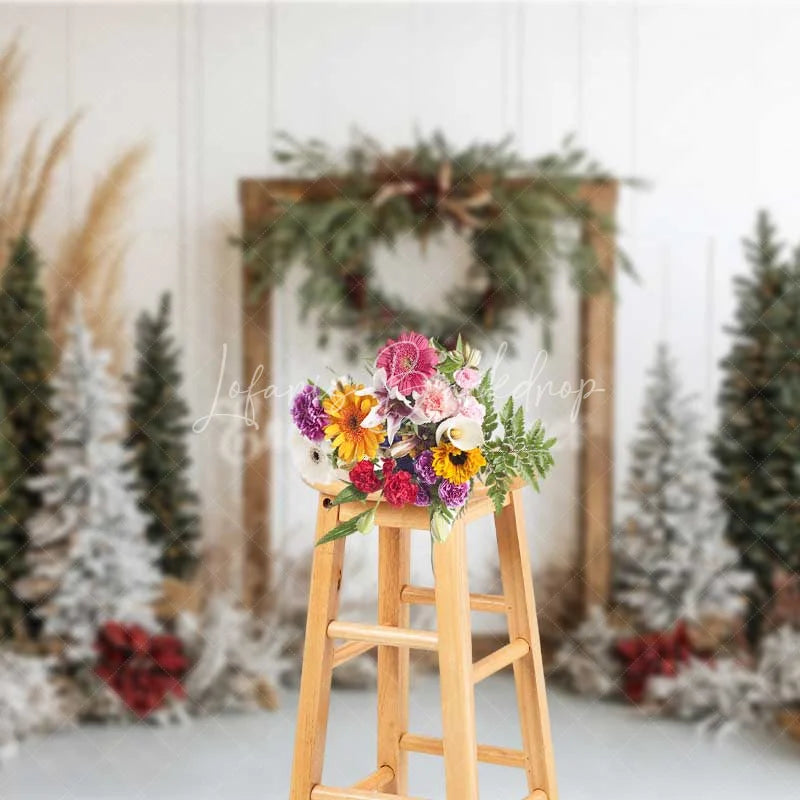 Lofaris Boho Christmas Backdrop Rustic Wood Frame Pampas Grass Winter Trees White Wall Photography Background