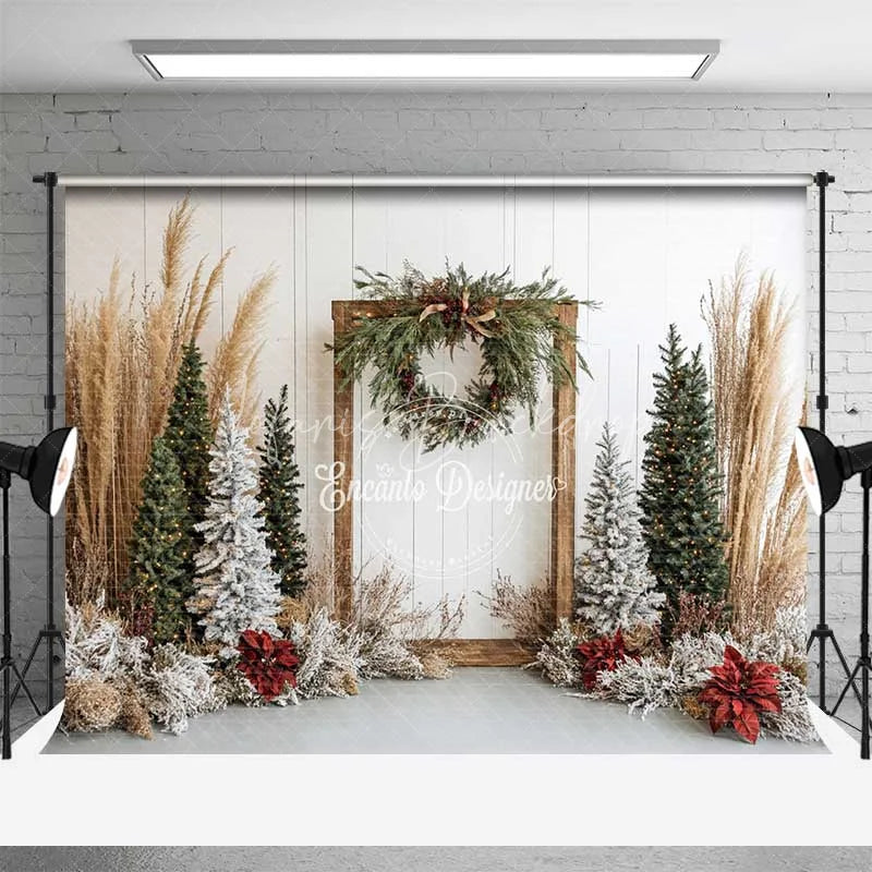 Lofaris Boho Christmas Backdrop Rustic Wood Frame Pampas Grass Winter Trees White Wall Photography Background