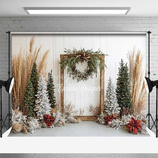Lofaris Boho Christmas Backdrop Rustic Wood Frame Pampas Grass Winter Trees White Wall Photography Background