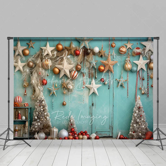 Lofaris Boho Christmas Backdrop Teal Wall Hanging Star Ornament Photography Background Rustic White Tree Winter Holiday Party Decor
