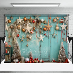 Lofaris Boho Christmas Backdrop Teal Wall Hanging Star Ornament Photography Background Rustic White Tree Winter Holiday Party Decor