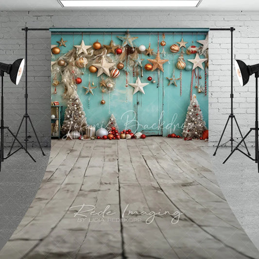 Lofaris Boho Christmas Sweep Backdrop Teal Wall Hanging Star Ornament Background Rustic White Tree Winter Holiday Party Decoration