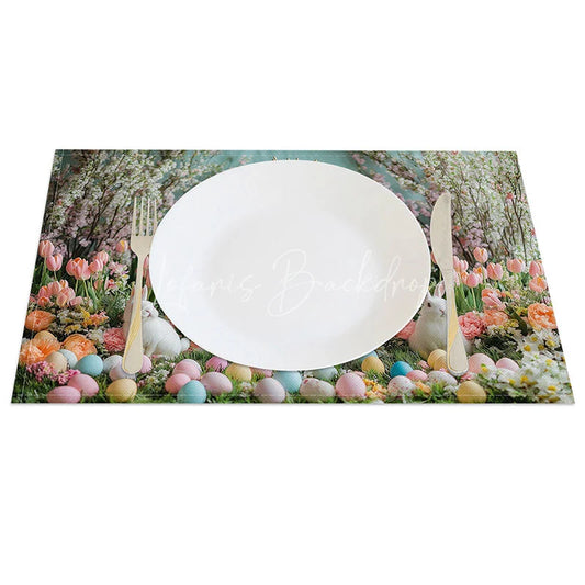 Lofaris Boho Easter Bunny Set of 4 Placemats White Rabbits with Teepee Spring Floral Holiday Table Mats