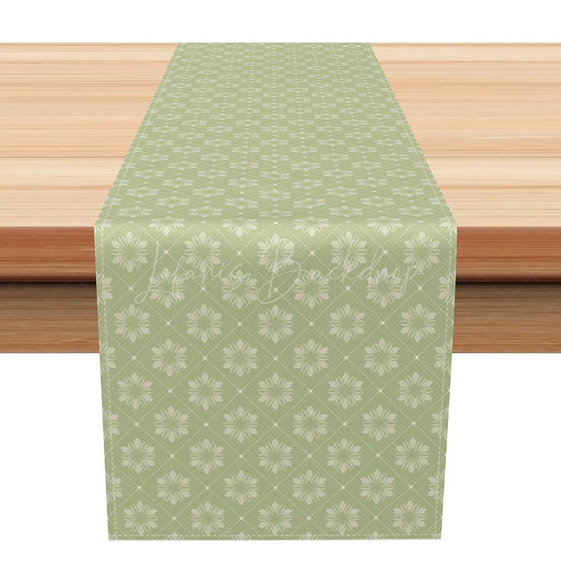 Lofaris Boho Farmhouse Table Runner in Sage Green Plaid and Floral for Spring Cottage Style Kitchen