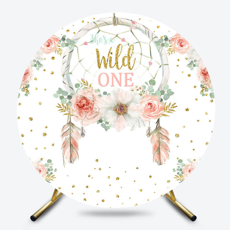 Lofaris Boho Feather Floral Wild One Round Birthday Backdrop