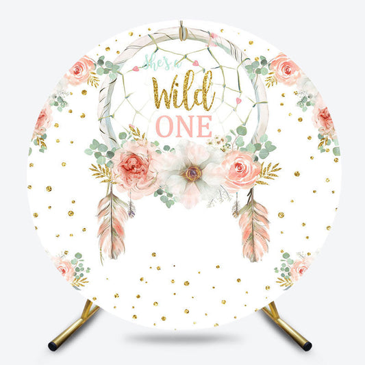 Lofaris Boho Feather Floral Wild One Round Birthday Backdrop