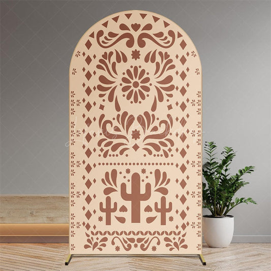 Lofaris Boho Fiesta Arch Backdrop with Cactus and Otomi Inspired Pattern Terracotta Color Mexican Folk Art Party Decor