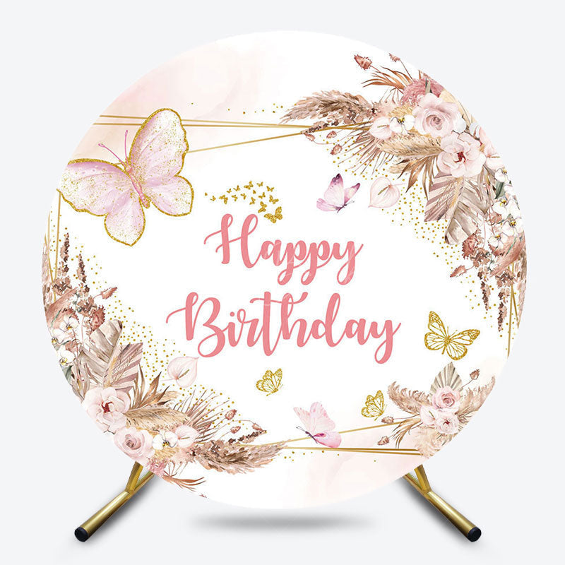 Lofaris Boho Floral Butterfly Round Happy Birthday Backdrop
