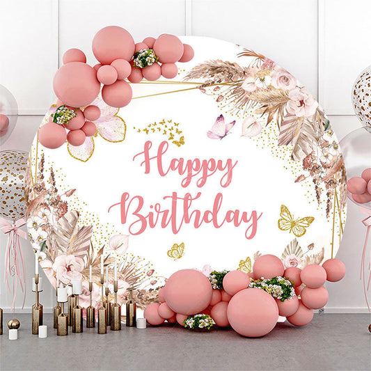 Lofaris Boho Floral Butterfly Round Happy Birthday Backdrop