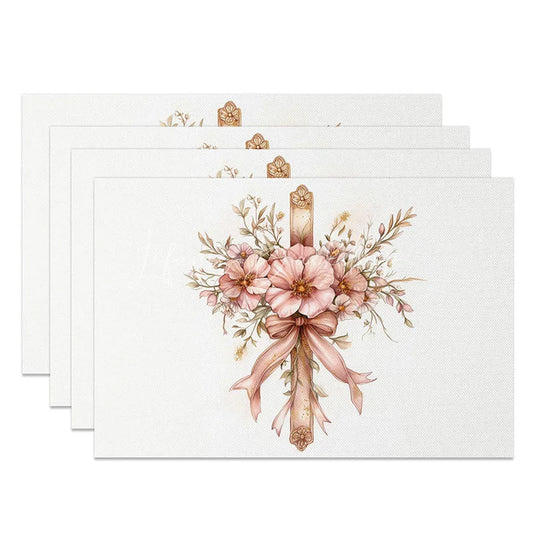 Lofaris Boho Floral Cross Set of 4 Placemats Watercolor Pink Flowers Holy Table Mats Christening Baptism Party Decoration