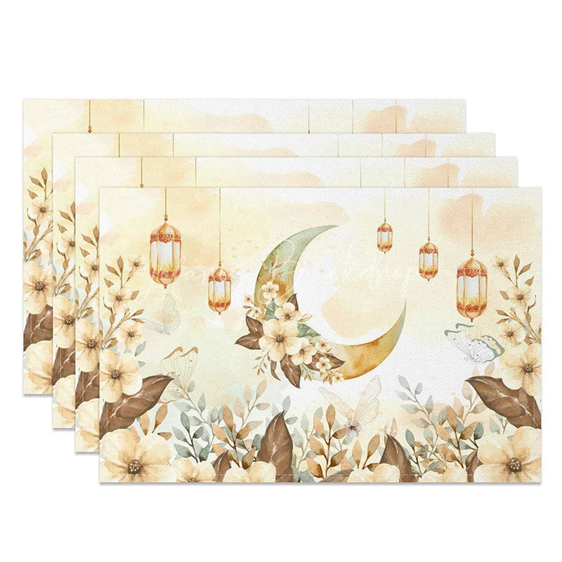 Lofaris Boho Floral Moon and Butterfly Set of 4 Placemats Ramadan Eid Mubarak Greenery Dining Mats for Spring Decor