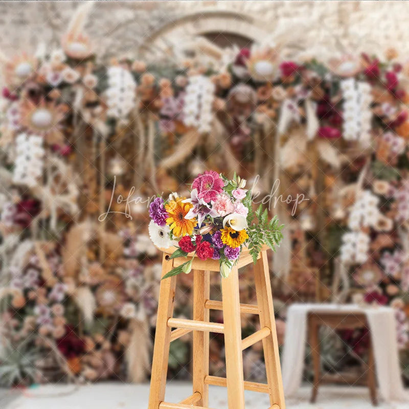 Lofaris Boho Floral Photography Backdrop with Pampas Grass Orchids and Roses Rustic Wedding Event Decor