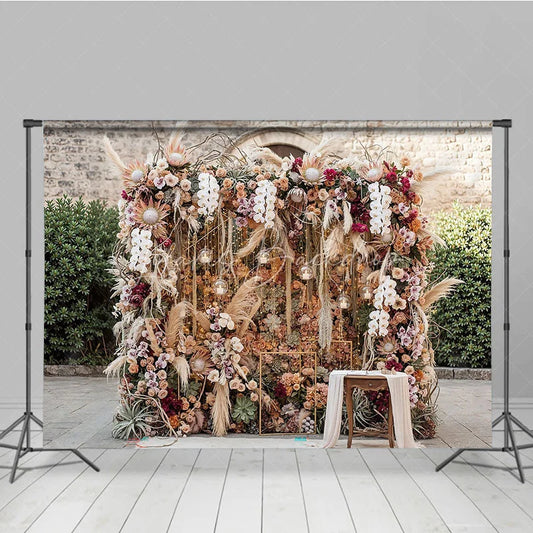 Lofaris Boho Floral Photography Backdrop with Pampas Grass Orchids and Roses Rustic Wedding Event Decor