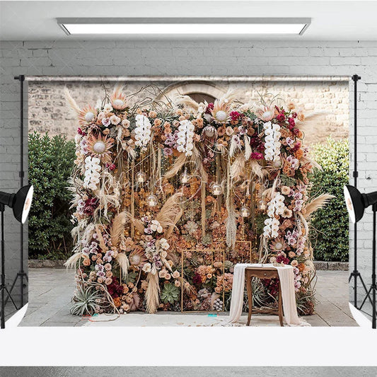 Lofaris Boho Floral Photography Backdrop with Pampas Grass Orchids and Roses Rustic Wedding Event Decor