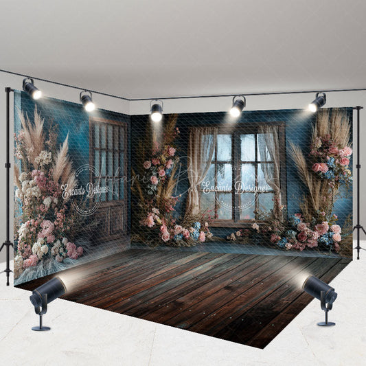 Lofaris Boho Floral Retro Blue Wall Window Room Set Backdrop