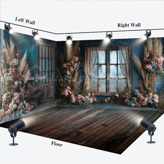 Lofaris Boho Floral Retro Blue Wall Window Room Set Backdrop