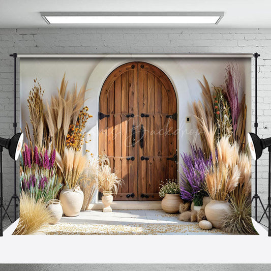 Lofaris Boho Floral Vase Retro Brown Door Wedding Backdrop