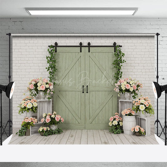 Lofaris Boho Green Wood Door Bricks Floral Wedding Backdrop