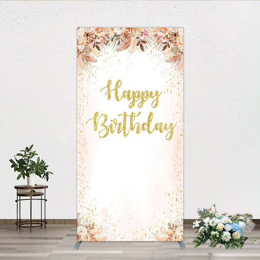 Lofaris Boho Happy Birthday Rectangle Backdrop Pampas Grass and Dried Flowers with Gold Glitter Rustic Floral Photo Prop