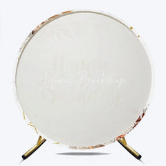 Lofaris Boho Happy Birthday Round Backdrop with Pampas Grass Dried Palm and Floral on Marble Rose Gold Party Decor