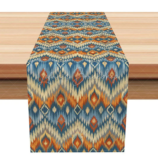 Lofaris Boho Ikat Geometric Table Runner Blue and Orange Tribal Pattern Rustic Farmhouse Dining Decor
