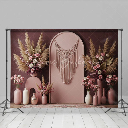 Lofaris Boho Macrame Arch with Pampas Grass and Rose Floral Photography Backdrop Dusty Wedding Baby Shower Decor