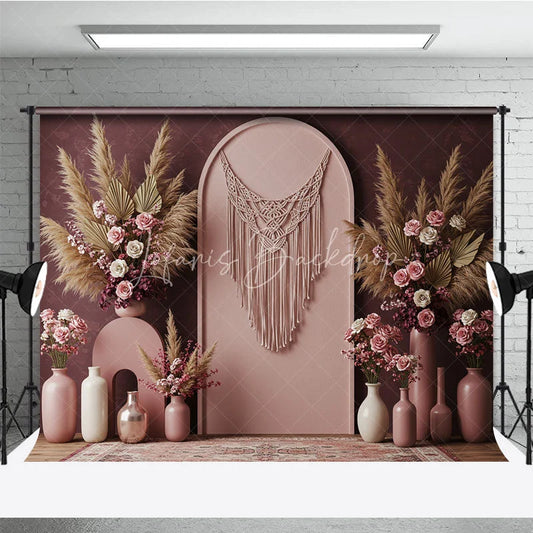 Lofaris Boho Macrame Arch with Pampas Grass and Rose Floral Photography Backdrop Dusty Wedding Baby Shower Decor
